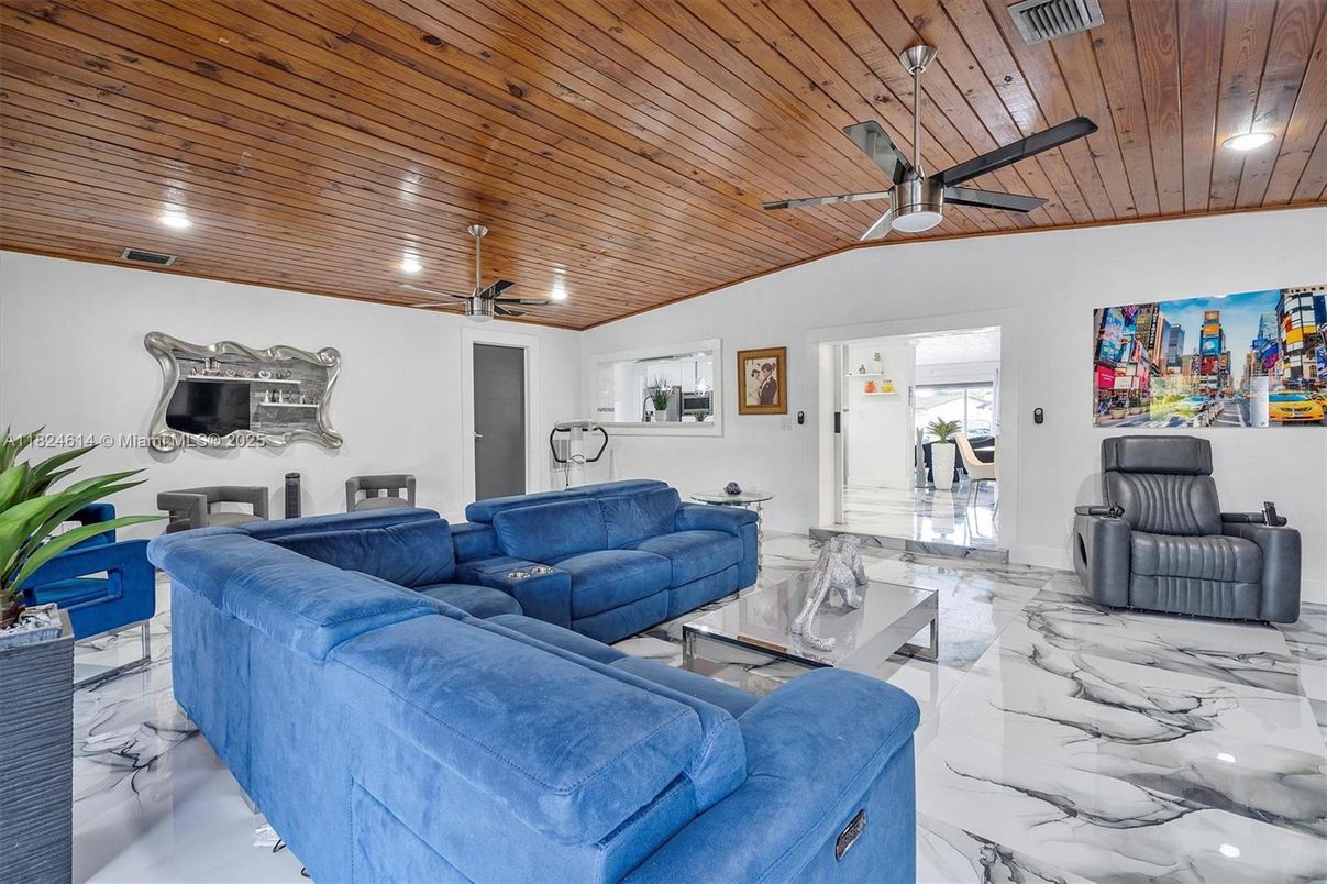 Interior, Living room, Marble, Recessed Lighting, Wooden Ceilings