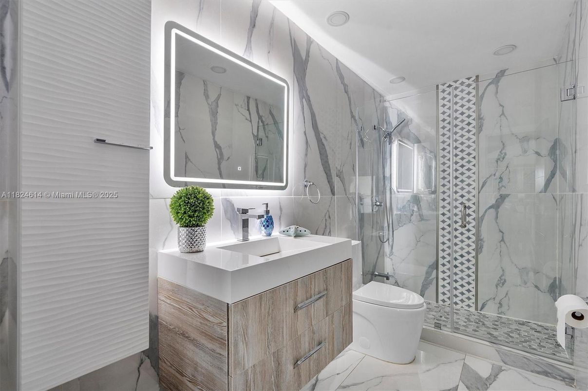 Bathroom, Glass Shower, Interior, Marble, Marble Walls, Recessed Lighting