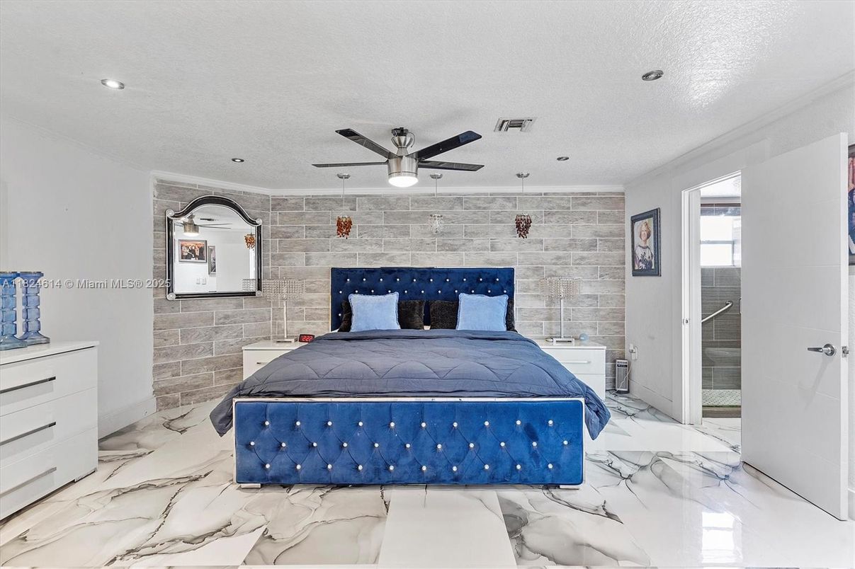 Bedroom, Interior, Marble, Recessed Lighting, Stone Walls
