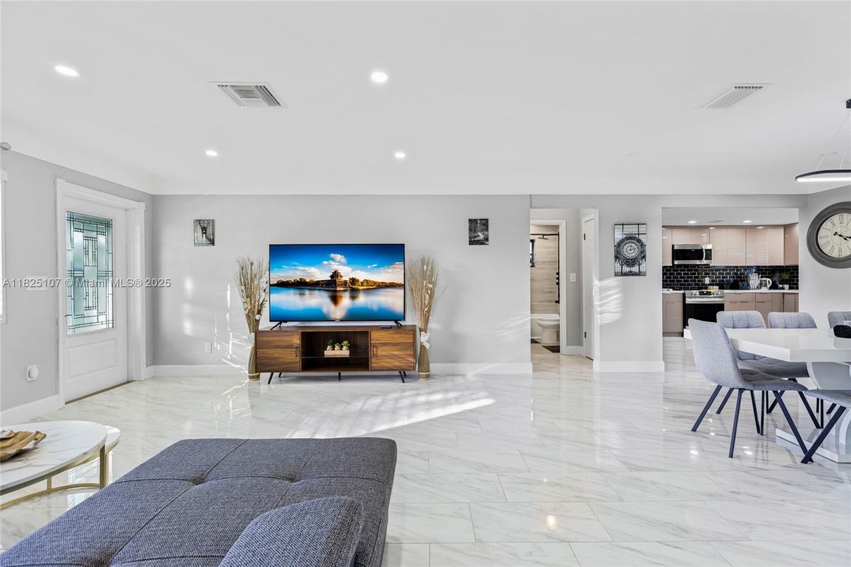 Dining room, Fireplace, Interior, Kitchen, Living room, Marble, Pendant Lights, Recessed Lighting
