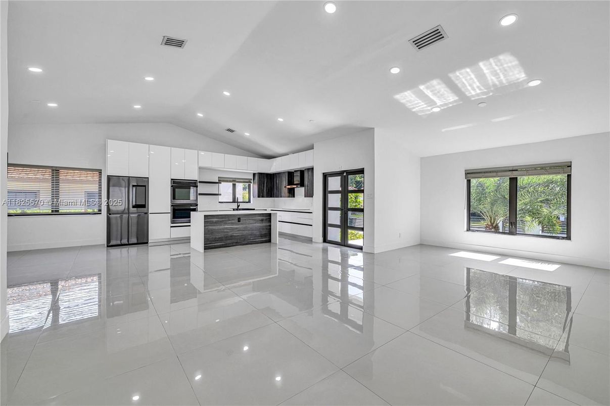 Empty room, Interior, Kitchen, Recessed Lighting, Stainless Steel Appliances