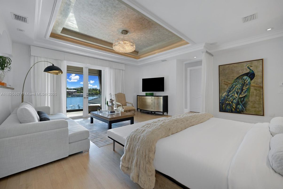 Bedroom, Chandelier, Interior, Recessed Lighting, Water, Wood Texture Flooring
