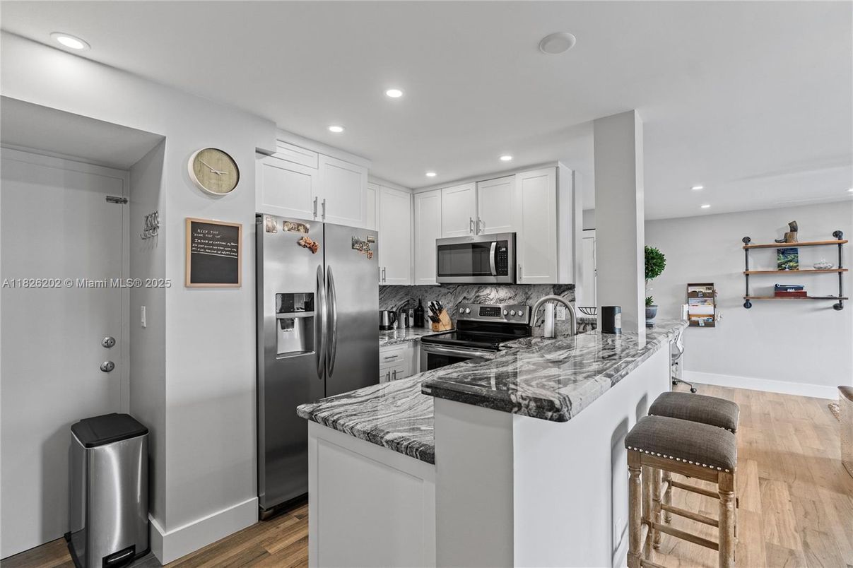 Interior, Kitchen, Recessed Lighting, Stainless Steel Appliances, Wood Texture Flooring