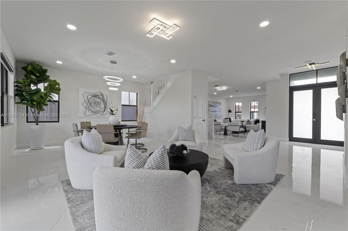 Dining room, Interior, Living room, Marble, Pendant Lights, Recessed Lighting