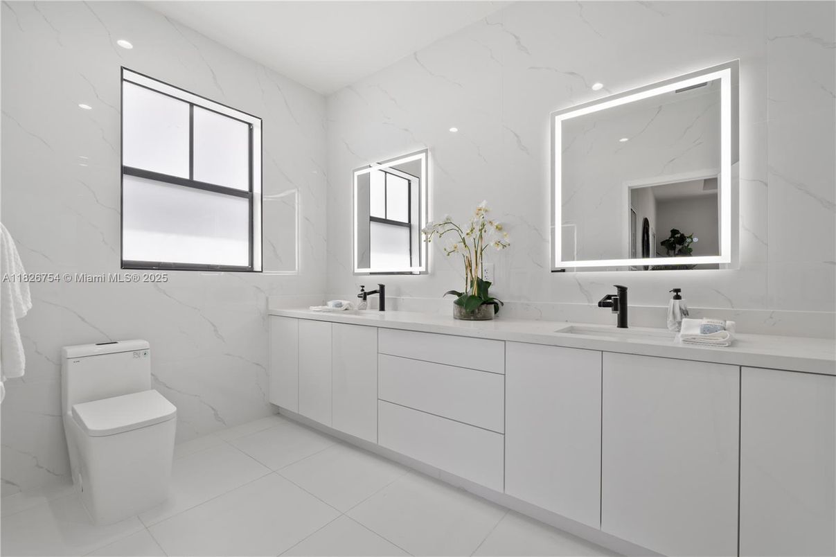 Bathroom, Dual Sink Vanities, Interior, Marble Walls, Recessed Lighting