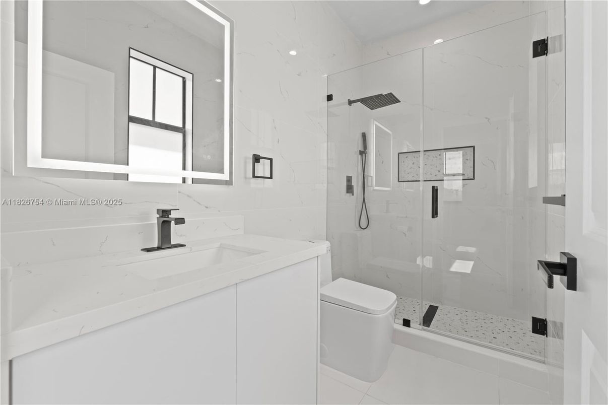 Bathroom, Glass Shower, Interior, Marble Walls, Recessed Lighting