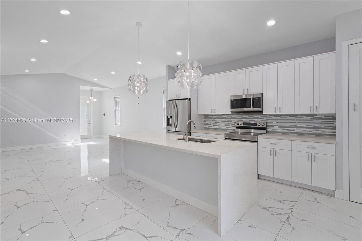 Interior, Kitchen, Marble, Pendant Lights, Recessed Lighting, Stainless Steel Appliances
