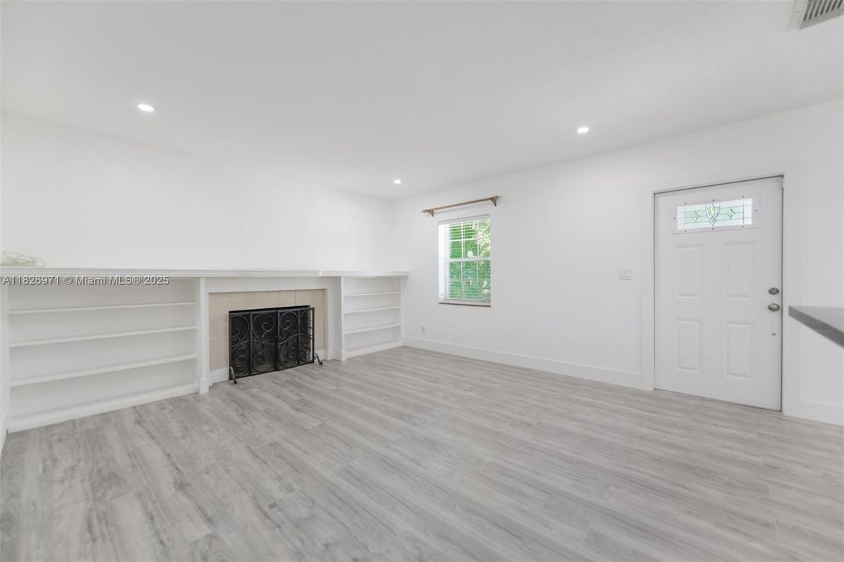 Empty room, Fireplace, Interior, Recessed Lighting, Wood Texture Flooring