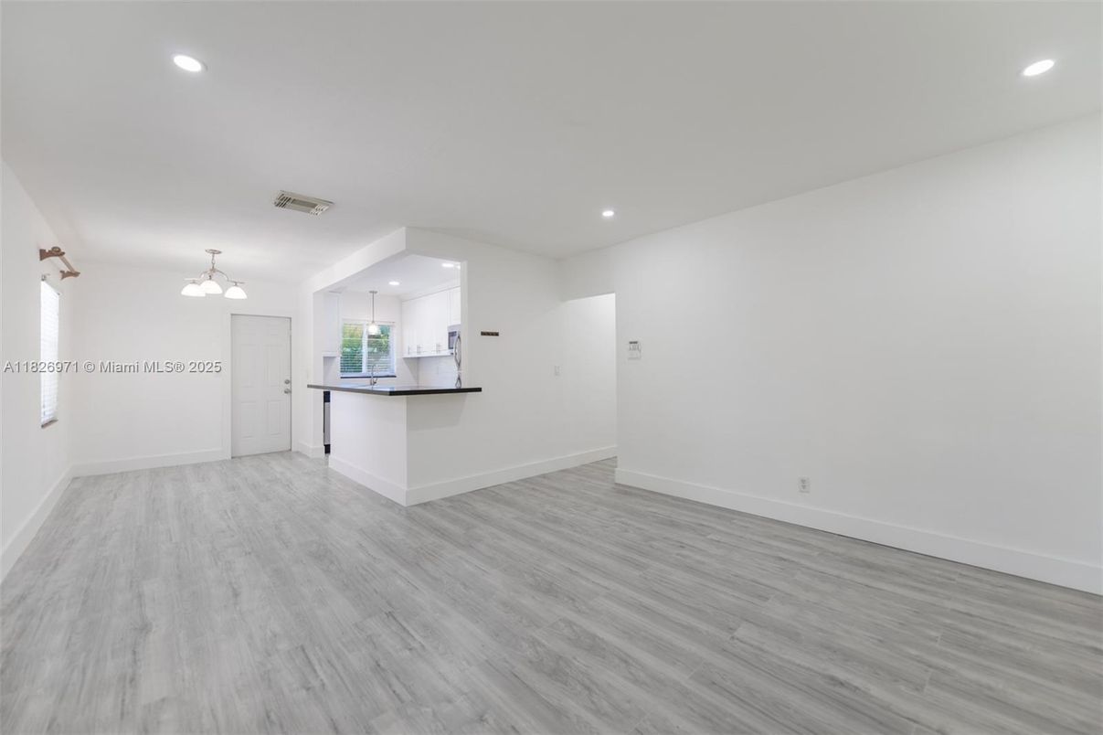 Empty room, Interior, Kitchen, Recessed Lighting, Wood Texture Flooring