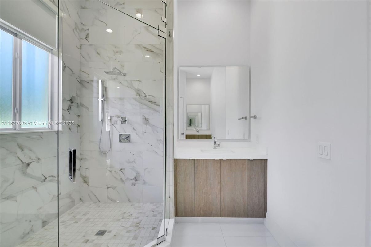 Bathroom, Glass Shower, Interior, Marble Walls, Recessed Lighting