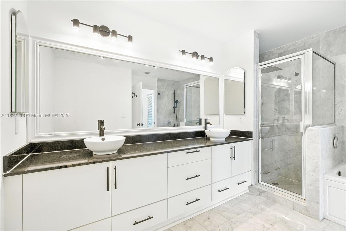 Bathroom, Dual Sink Vanities, Glass Shower, Interior, Marble, Marble Walls