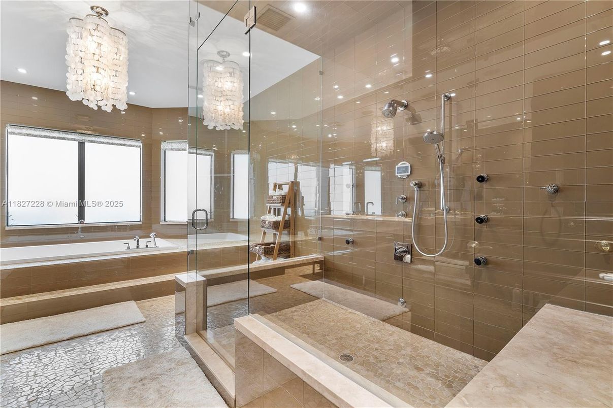 Bathroom, Chandelier, Glass Shower, Interior, Recessed Lighting