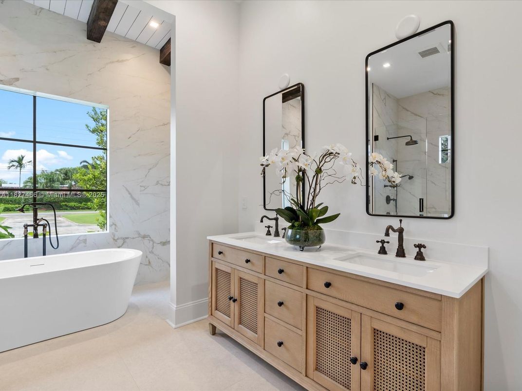 Bathroom, Dual Sink Vanities, Free Standing Baths, Interior, Marble Walls, Recessed Lighting