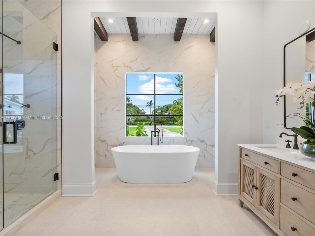 Bathroom, Free Standing Baths, Interior, Marble Walls, Recessed Lighting, Wooden Beams
