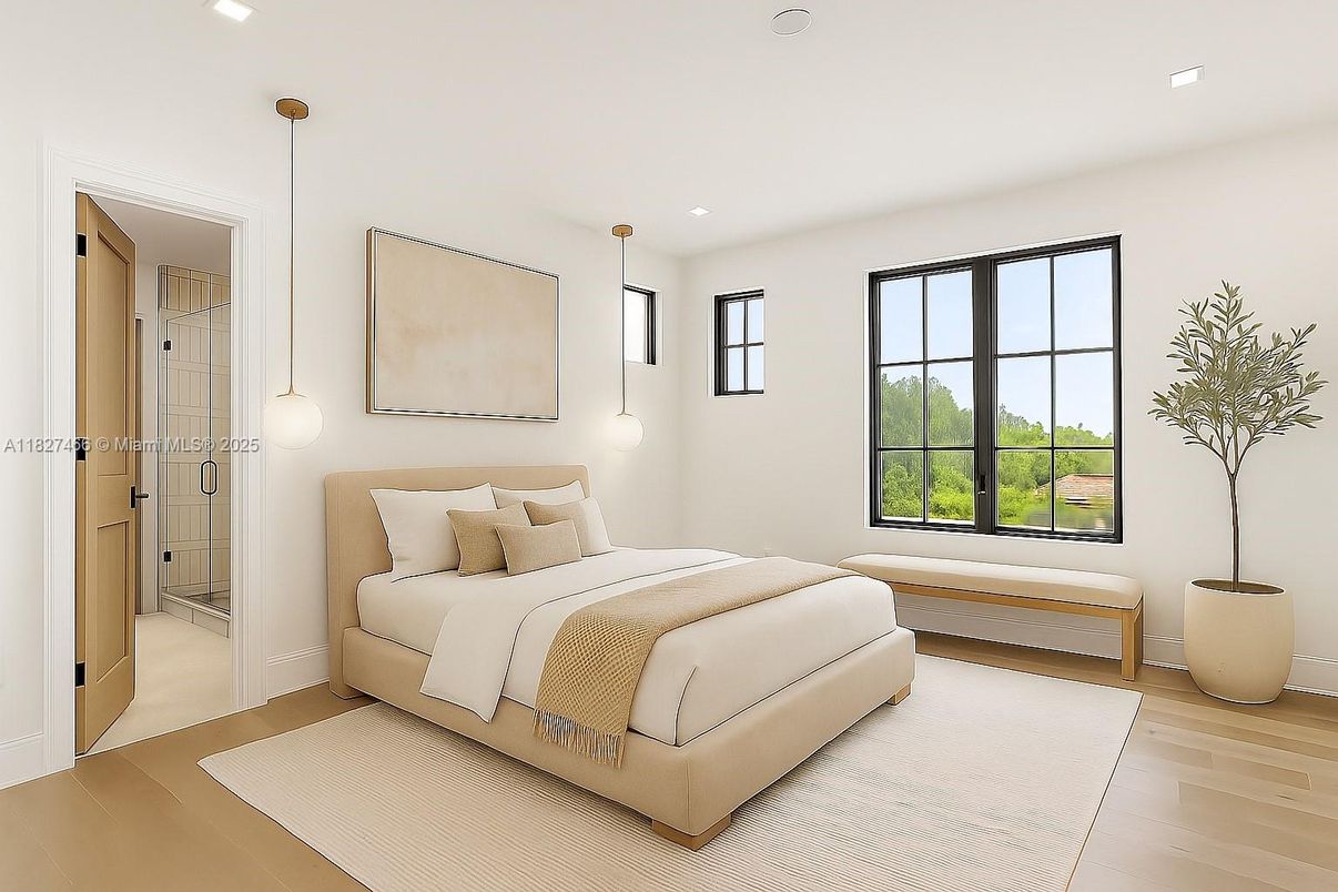 Bedroom, Interior, Pendant Lights, Recessed Lighting, Wood Texture Flooring