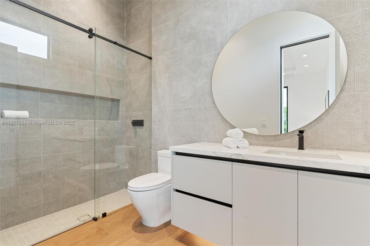 Bathroom, Glass Shower, Interior, Wood Texture Flooring
