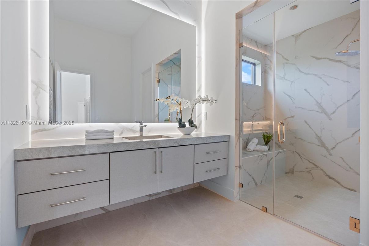 Bathroom, Dual Sink Vanities, Glass Shower, Interior, Marble Walls