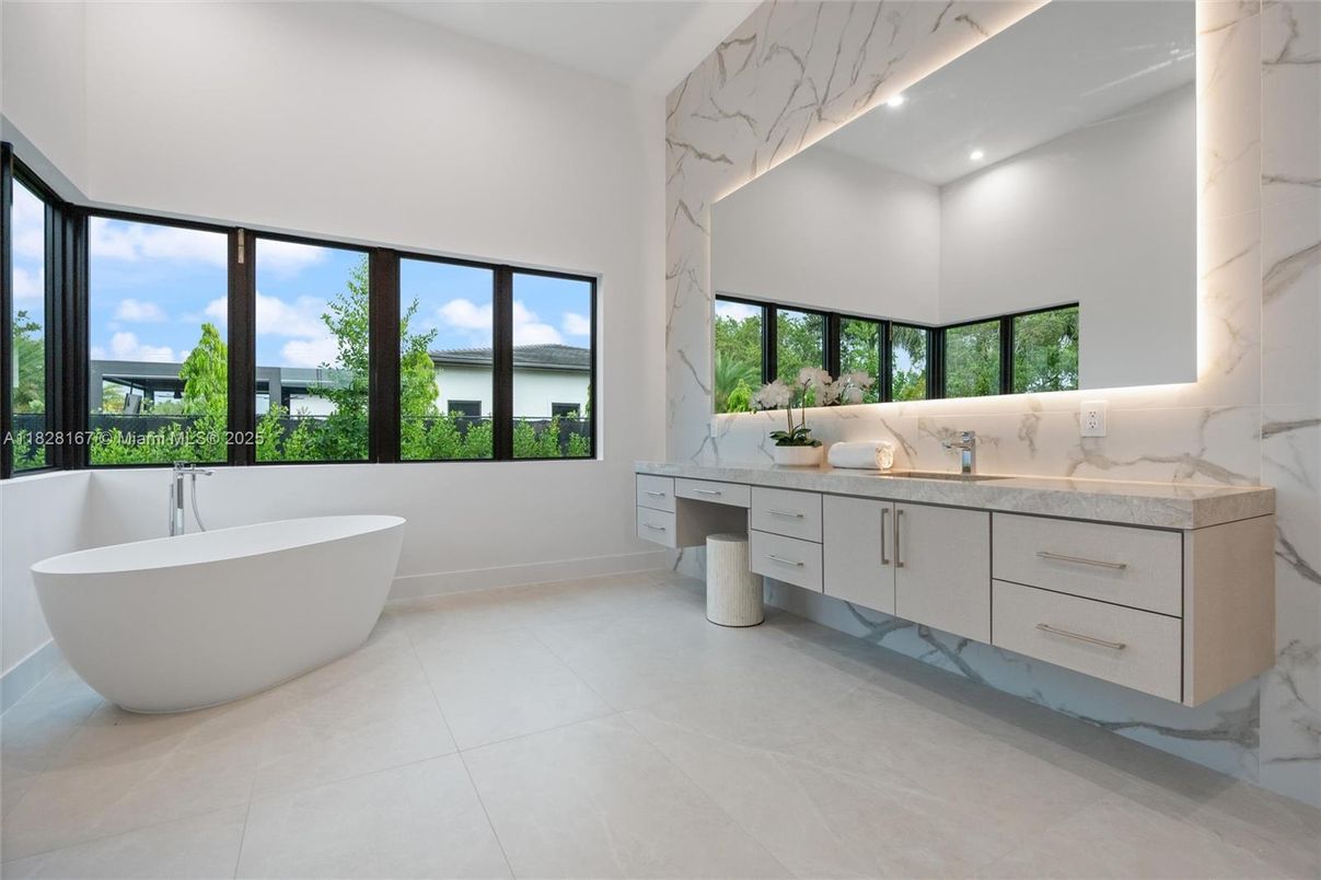 Bathroom, Dual Sink Vanities, Free Standing Baths, Interior, Marble Walls, Recessed Lighting