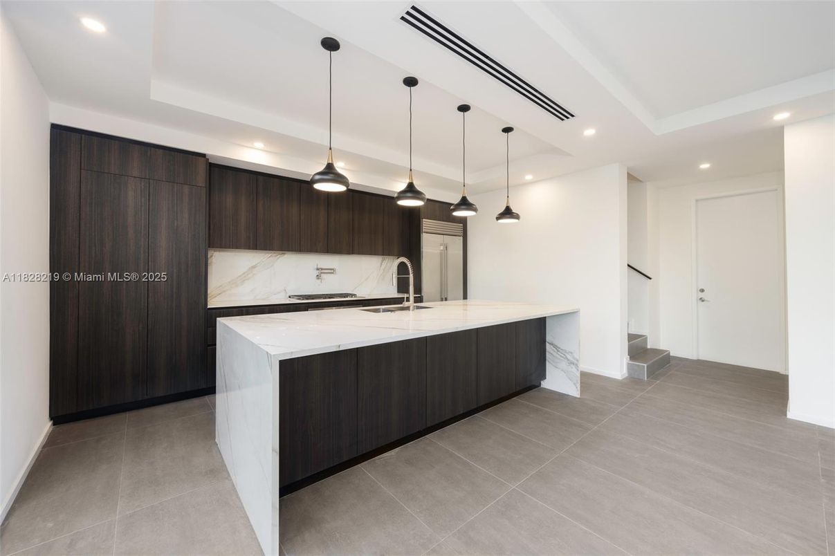 Interior, Kitchen, Marble Walls, Pendant Lights, Recessed Lighting