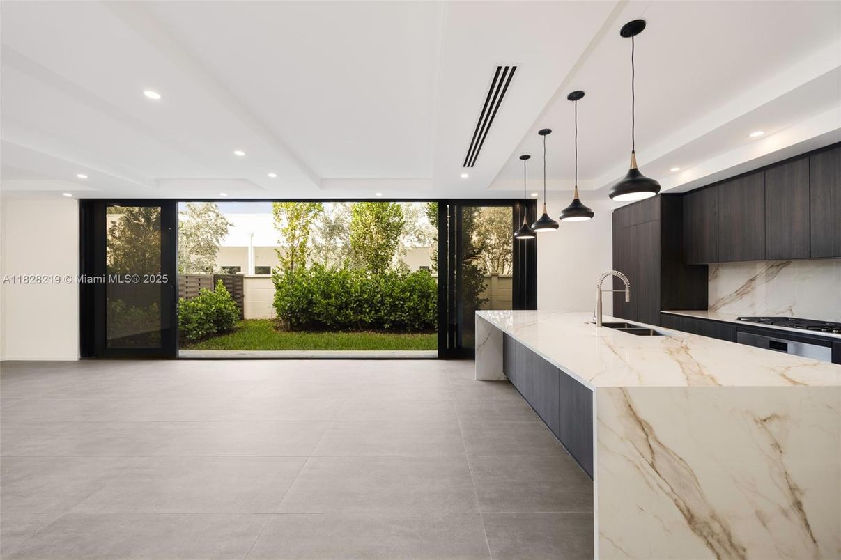 Interior, Kitchen, Marble Walls, Pendant Lights, Recessed Lighting