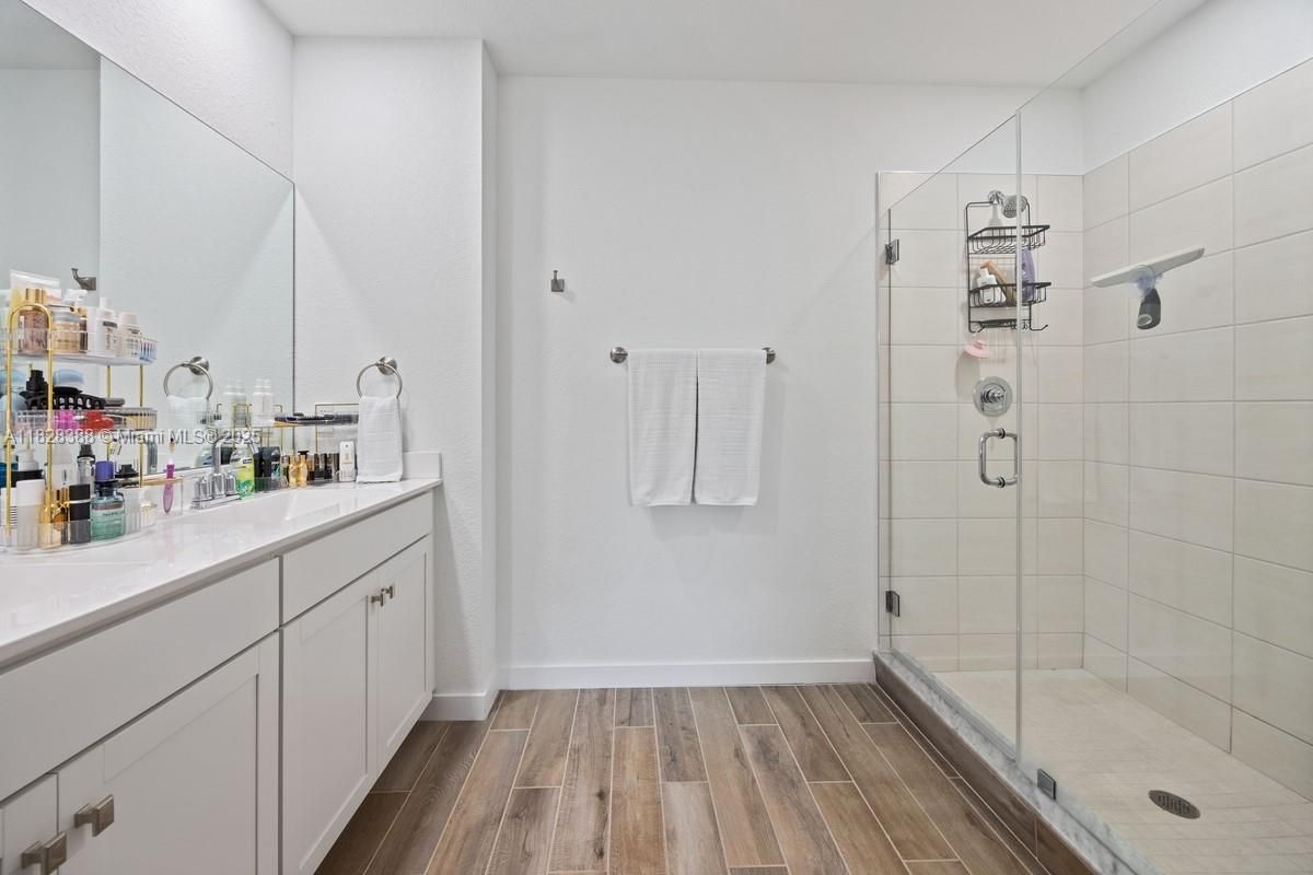 Bathroom, Glass Shower, Interior, Wood Texture Flooring