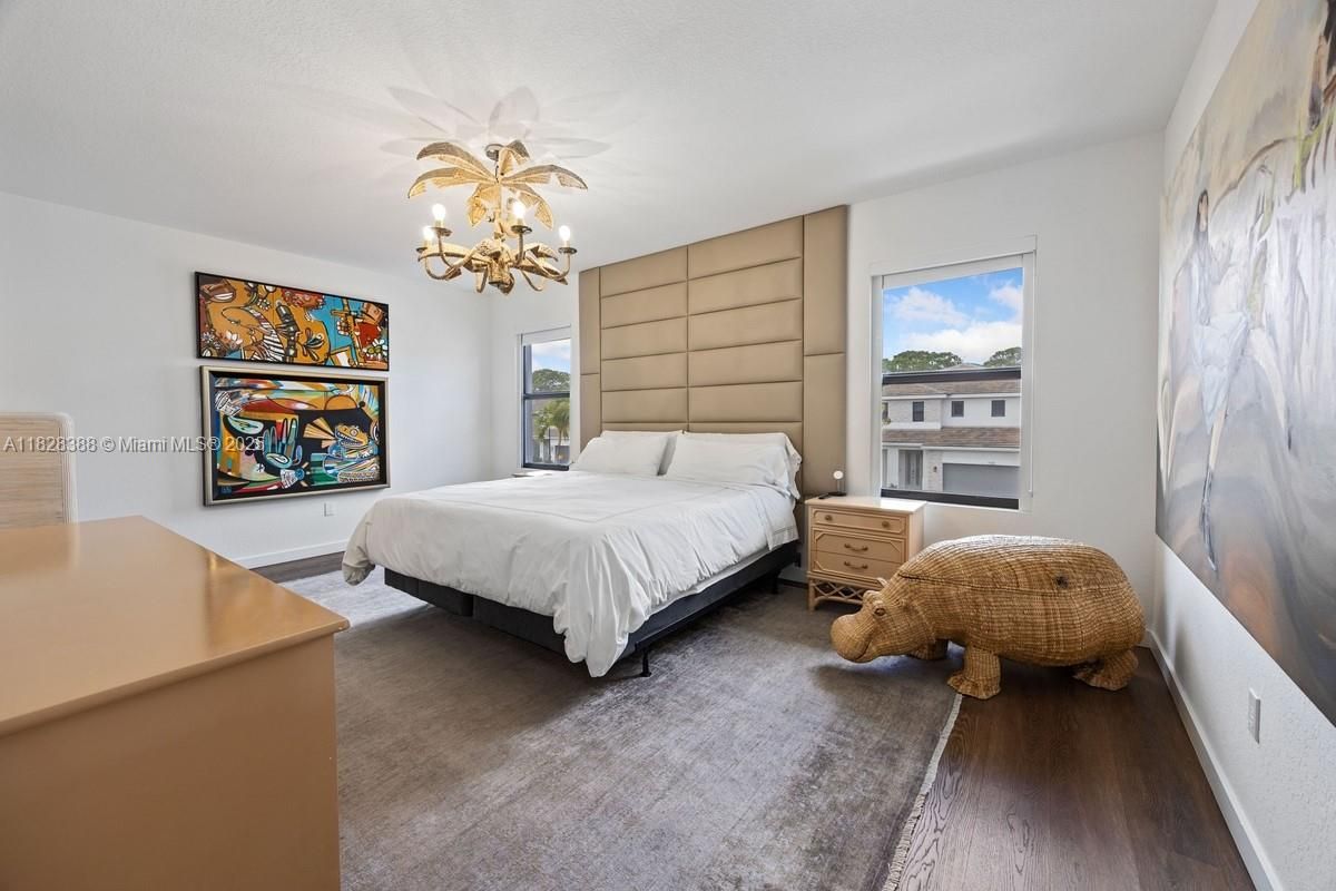 Bedroom, Chandelier, Interior, Wood Texture Flooring