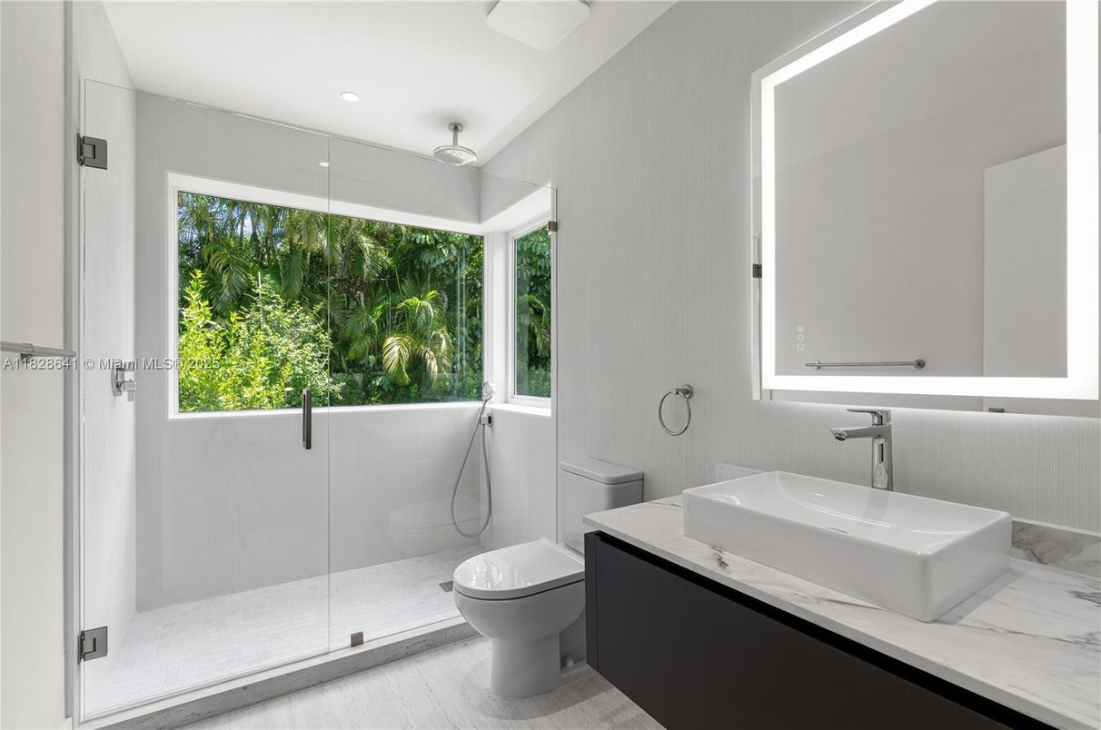 Bathroom, Glass Shower, Interior, Recessed Lighting, Wood Texture Flooring