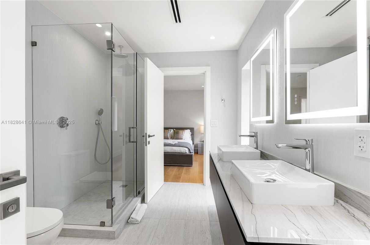 Bathroom, Bedroom, Glass Shower, Interior, Marble, Recessed Lighting, Wood Texture Flooring