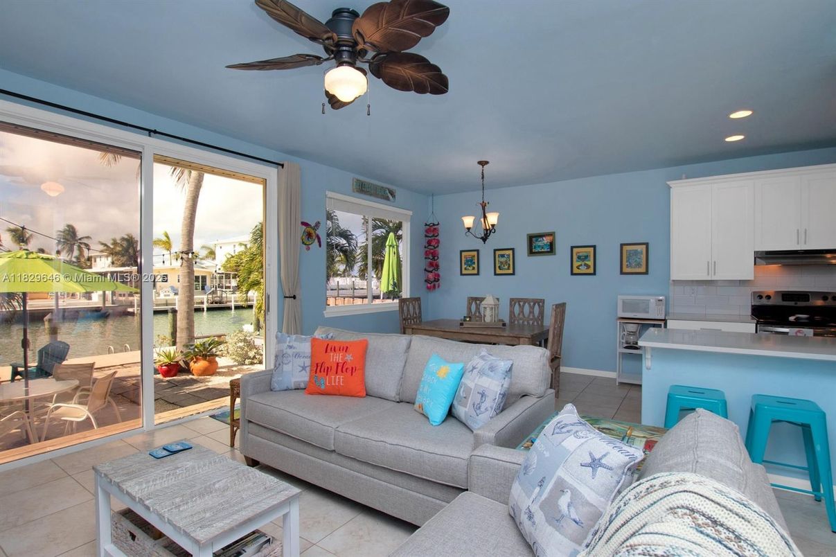 Chandelier, Dining room, Interior, Kitchen, Living room, Recessed Lighting, Stainless Steel Appliances, Water