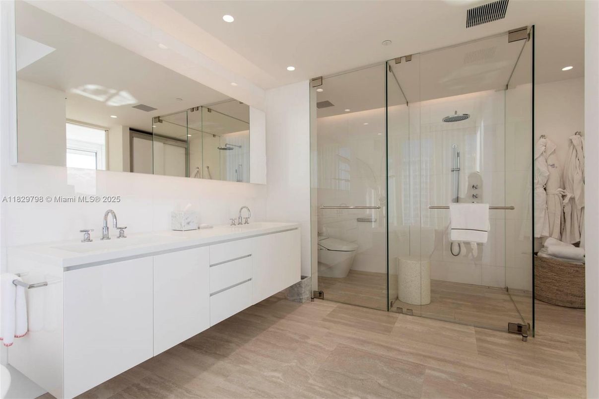 Bathroom, Dual Sink Vanities, Glass Shower, Interior, Recessed Lighting, Wood Texture Flooring
