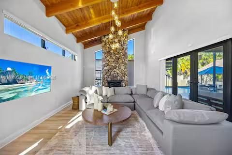 Chandelier, Fireplace, Interior, Living room, Wooden Beams, Wooden Ceilings, Wood Texture Flooring