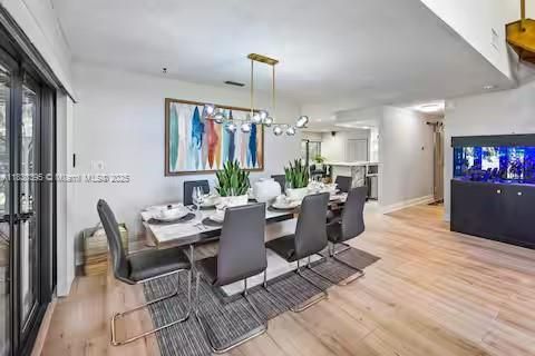 Dining room, Interior, Pendant Lights, Recessed Lighting, Wood Texture Flooring