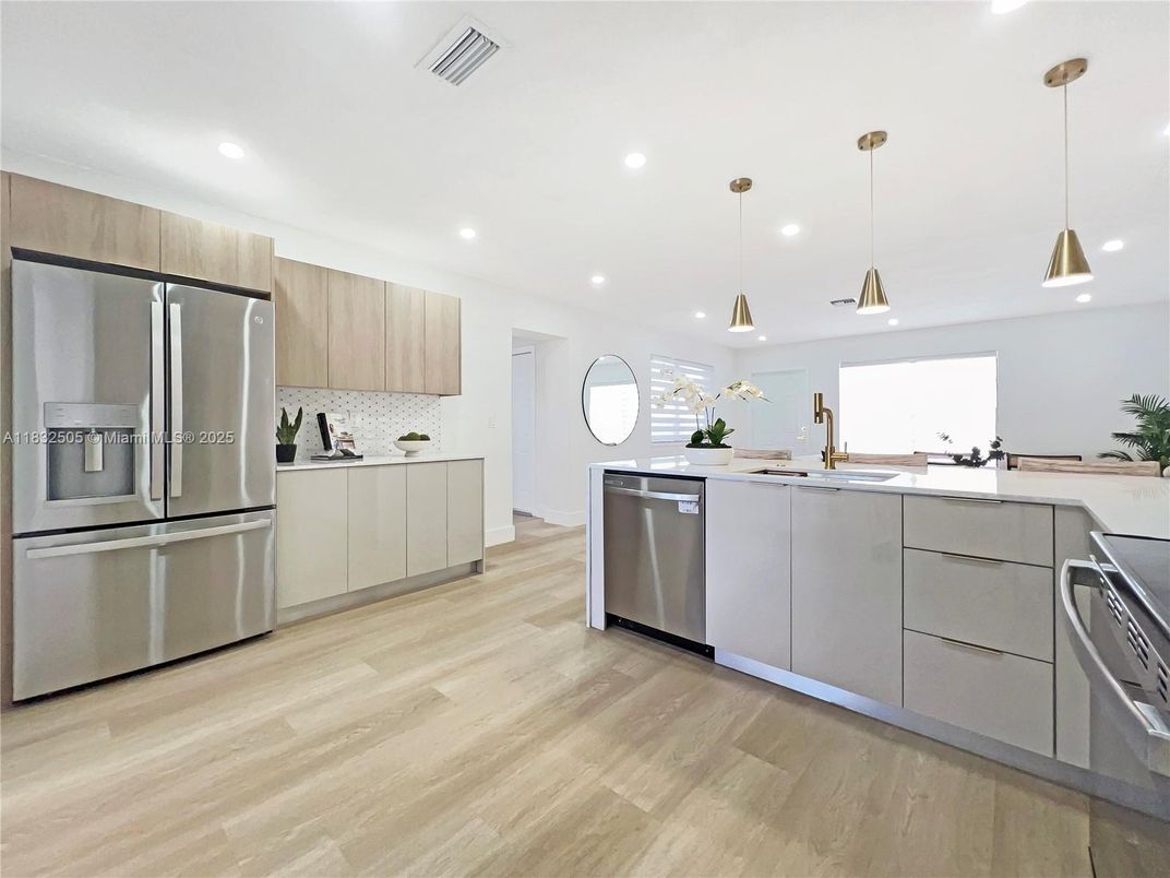 Interior, Kitchen, Pendant Lights, Recessed Lighting, Stainless Steel Appliances, Wood Texture Flooring