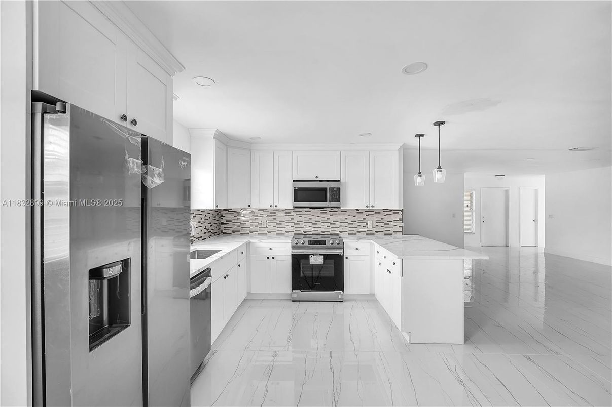 Interior, Kitchen, Marble, Pendant Lights, Recessed Lighting, Stainless Steel Appliances