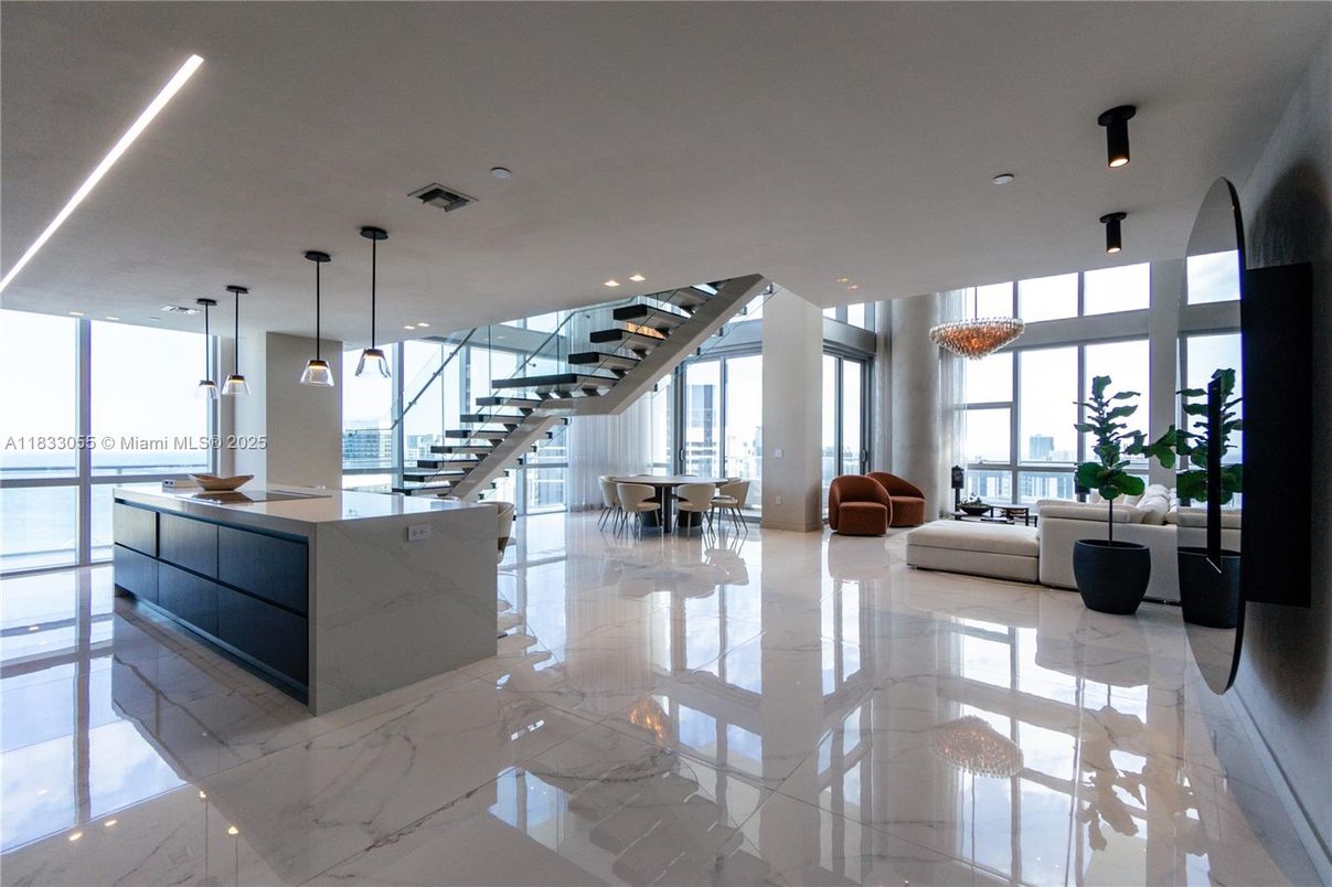 Dining room, Interior, Living room, Marble, Pendant Lights, Recessed Lighting, Water