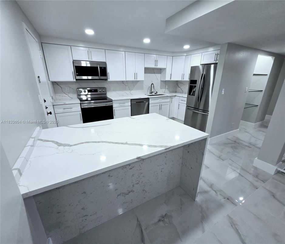 Interior, Kitchen, Marble, Recessed Lighting, Stainless Steel Appliances