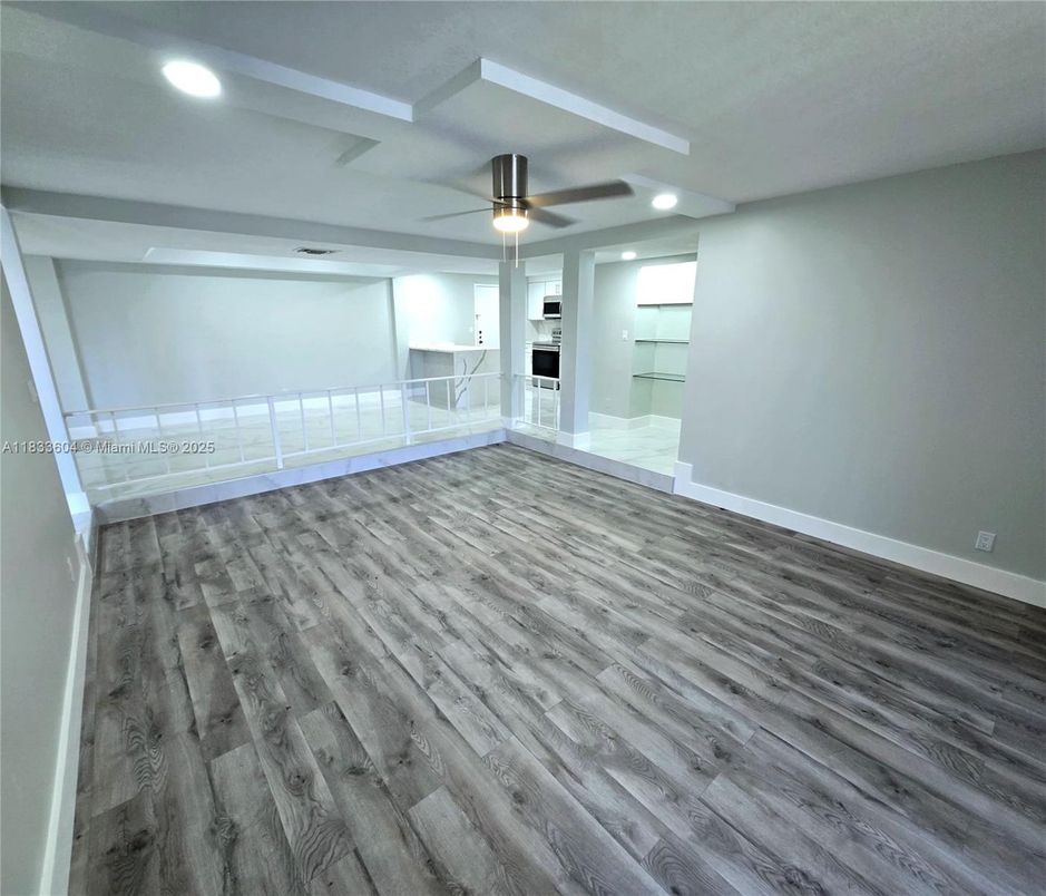 Empty room, Fireplace, Interior, Recessed Lighting, Wood Texture Flooring