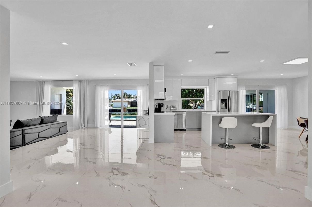 Interior, Kitchen, Marble, Pendant Lights, Recessed Lighting, Stainless Steel Appliances