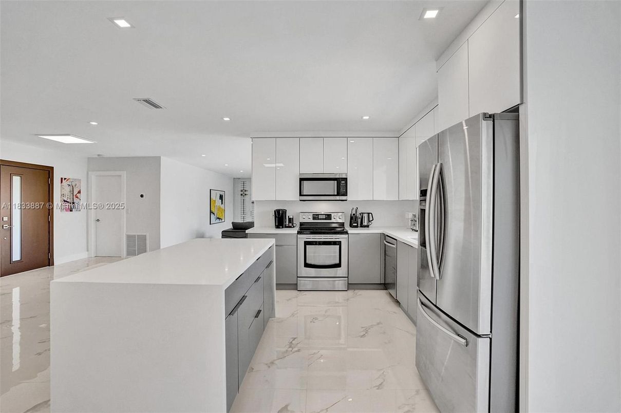 Interior, Kitchen, Marble, Recessed Lighting, Stainless Steel Appliances