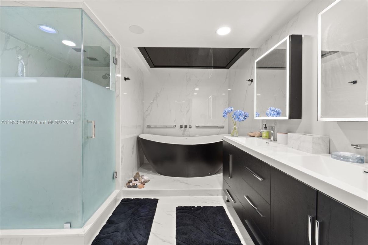 Bathroom, Glass Shower, Interior, Marble, Marble Walls, Recessed Lighting