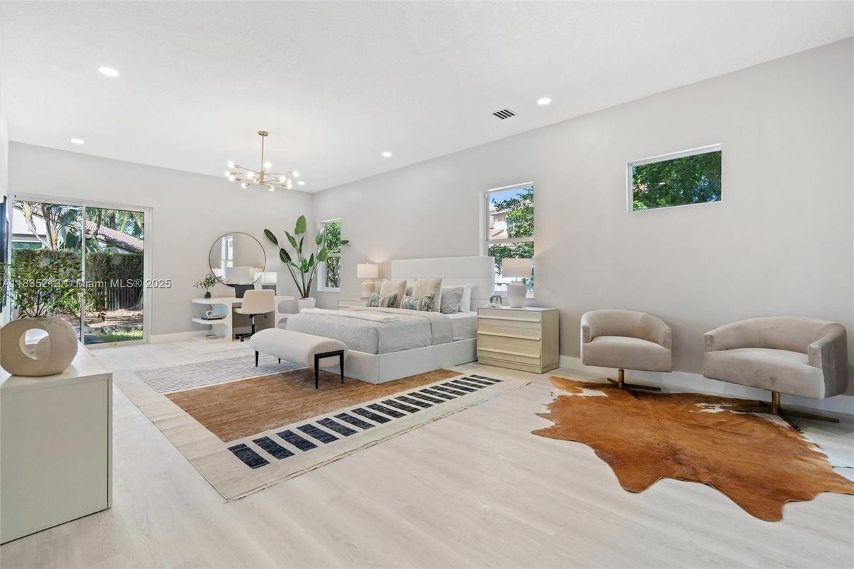 Bedroom, Interior, Pendant Lights, Recessed Lighting, Wood Texture Flooring