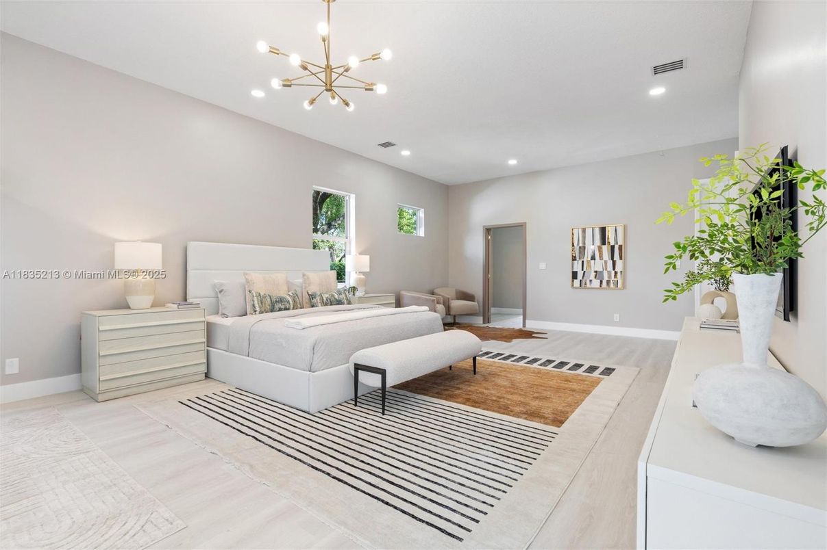 Bedroom, Interior, Pendant Lights, Recessed Lighting, Wood Texture Flooring