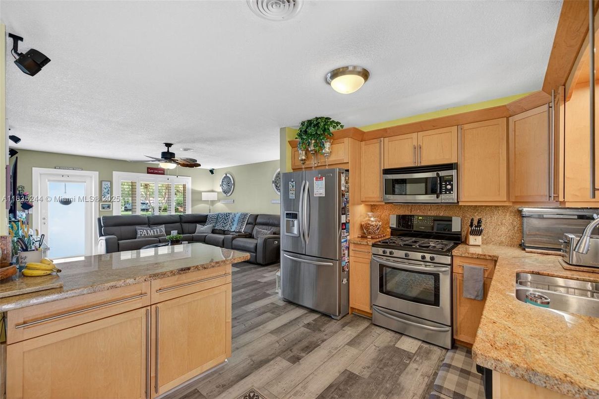 Interior, Kitchen, Living room, Stainless Steel Appliances, Wood Texture Flooring