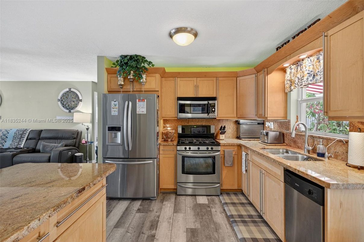 Interior, Kitchen, Living room, Stainless Steel Appliances, Wood Texture Flooring