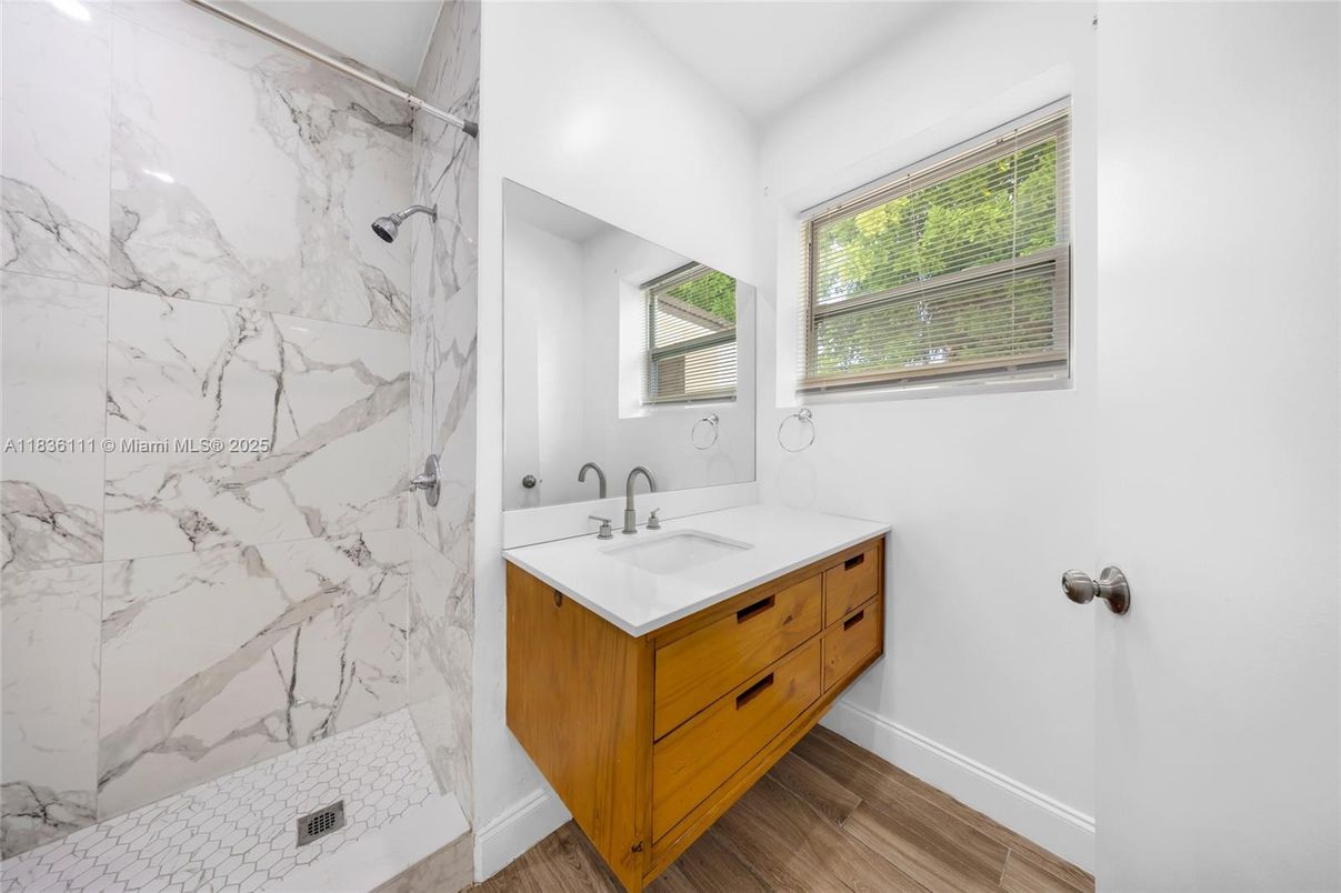 Bathroom, Interior, Marble Walls, Wood Texture Flooring