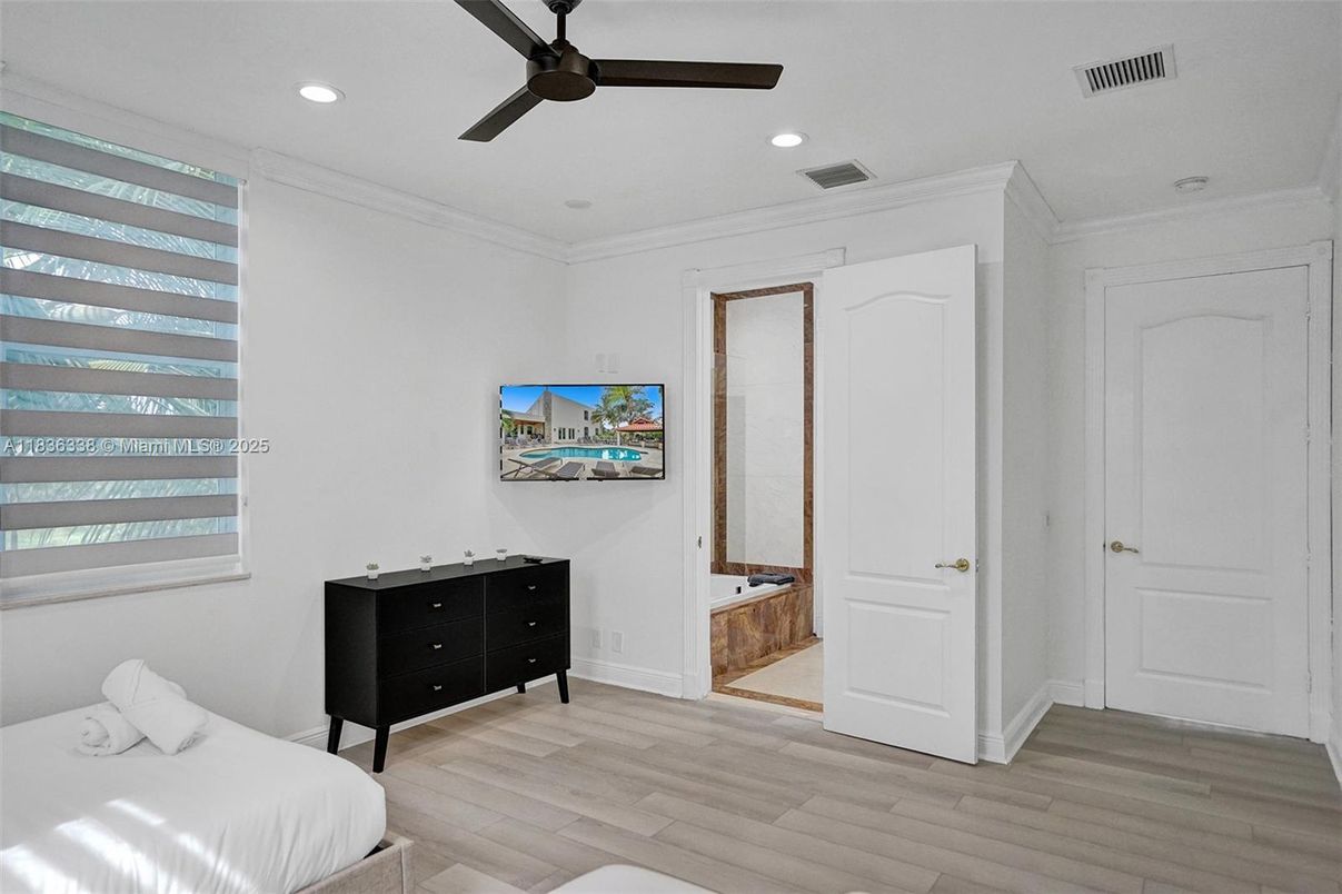 Bedroom, Interior, Recessed Lighting, Wood Texture Flooring