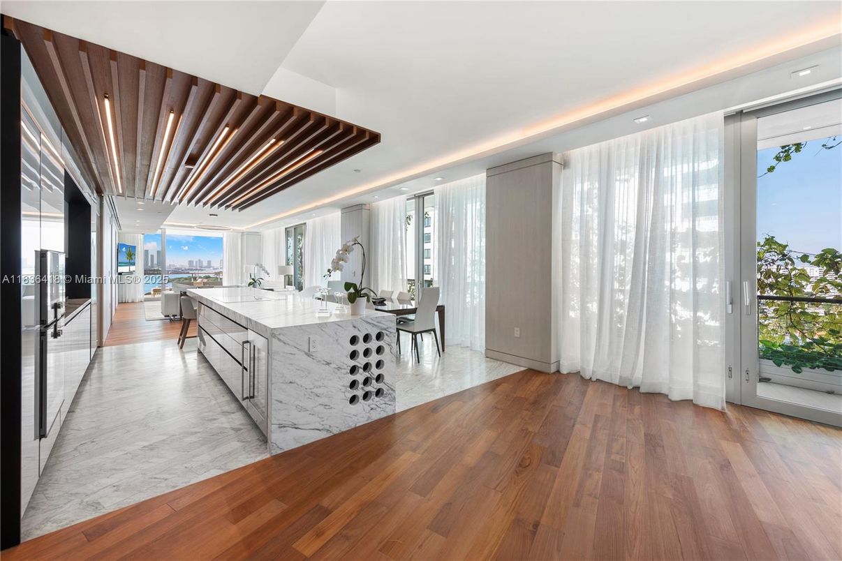 Interior, Kitchen, Marble, Recessed Lighting, Wood Texture Flooring
