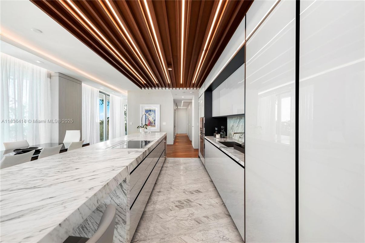 Interior, Kitchen, Marble, Recessed Lighting, Stainless Steel Appliances, Wood Texture Flooring