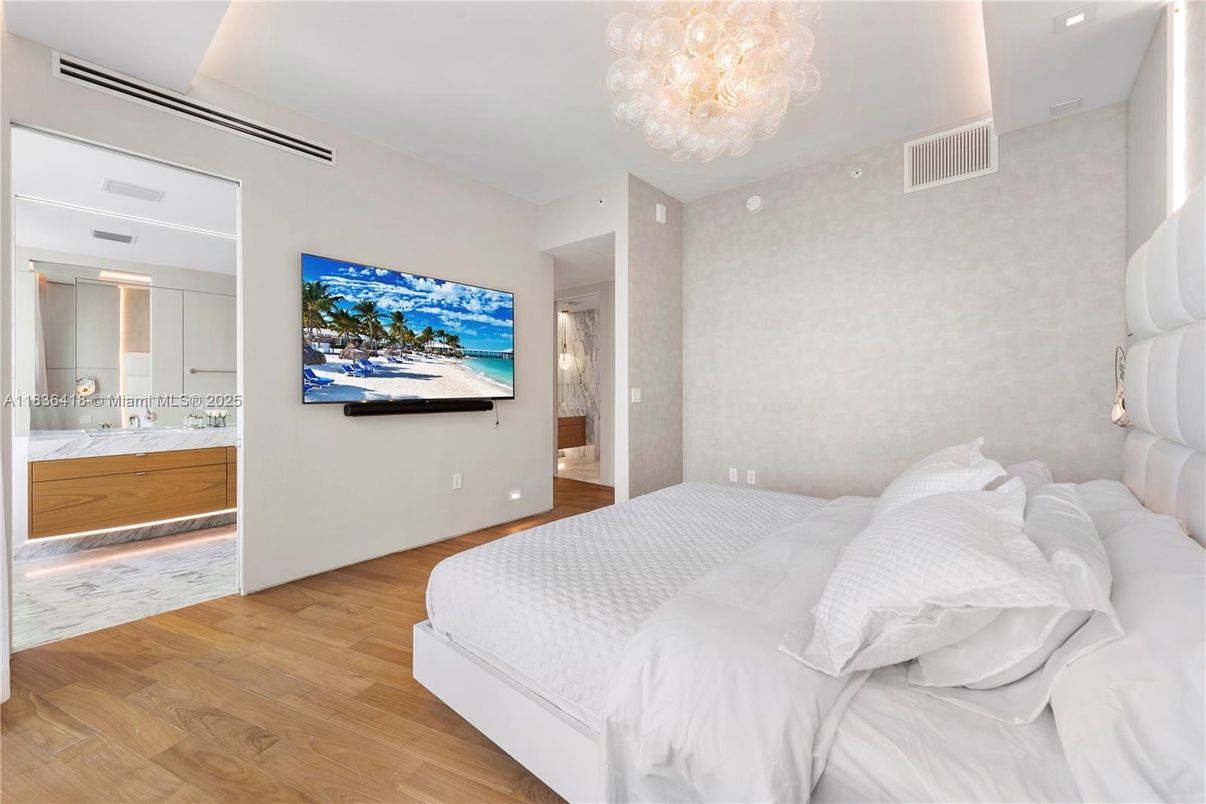 Bedroom, Chandelier, Interior, Wood Texture Flooring