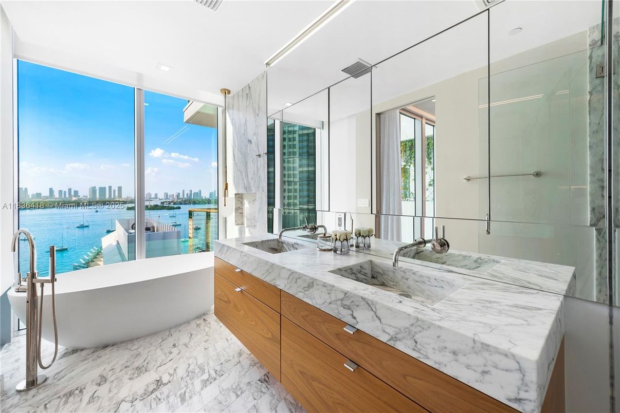 Bathroom, Dual Sink Vanities, Glass Shower, Interior, Marble, Recessed Lighting, Water